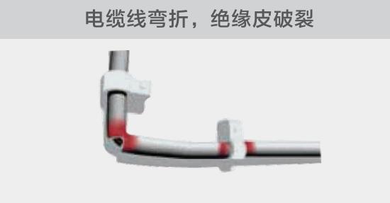 在安裝過程中，由于電線的彎曲半徑過小，或是線夾過緊，導致線纜絕緣皮破裂，產生電弧隱患